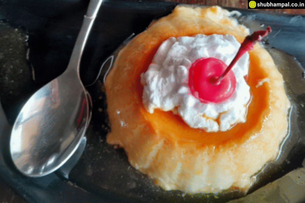 A creamy caramel custard dessert with caramel topping served in a dish.