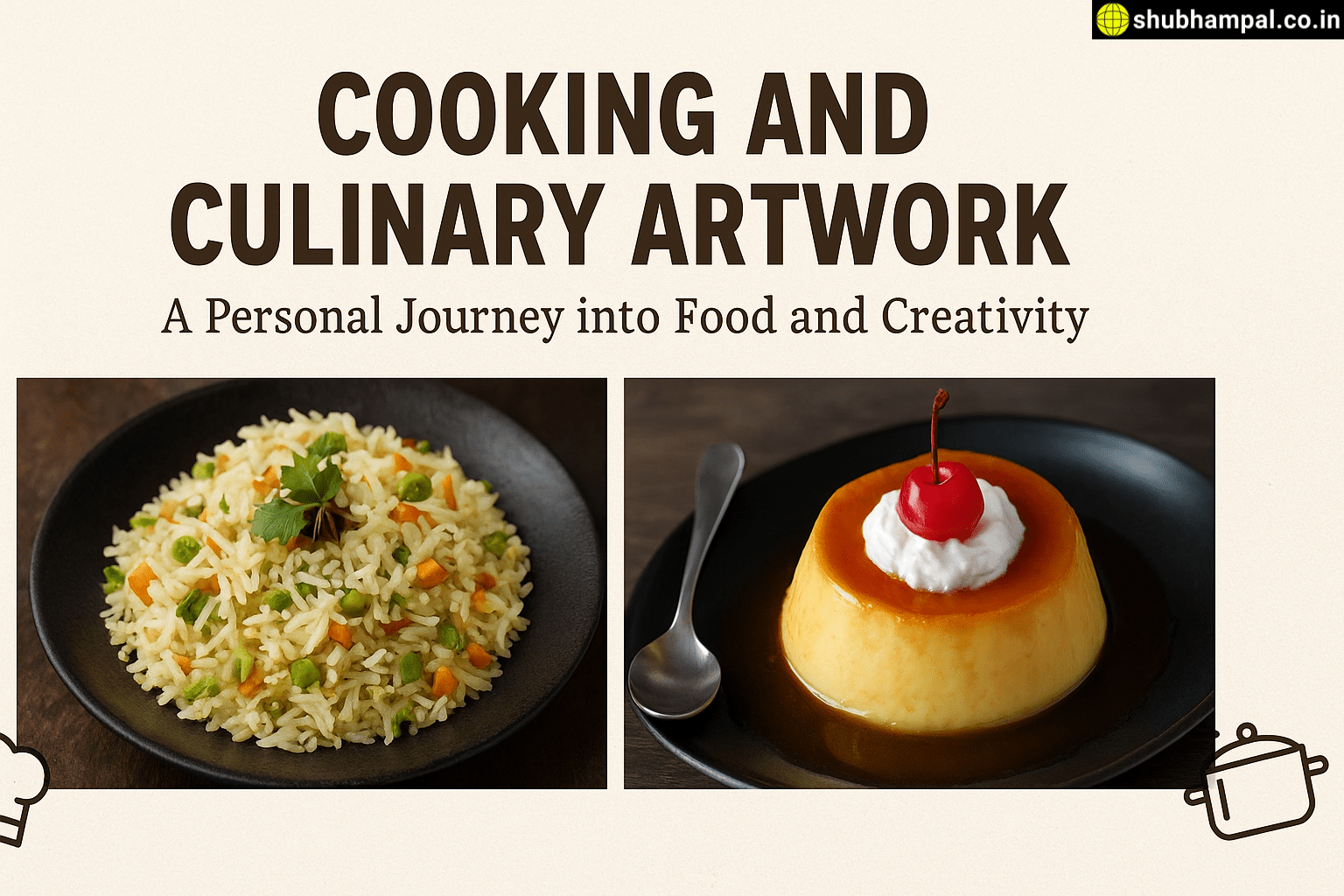 Professional blog thumbnail with the title "Cooking and Culinary Artwork: A Personal Journey into Food and Creativity" featuring food, creativity, and artistic culinary elements.